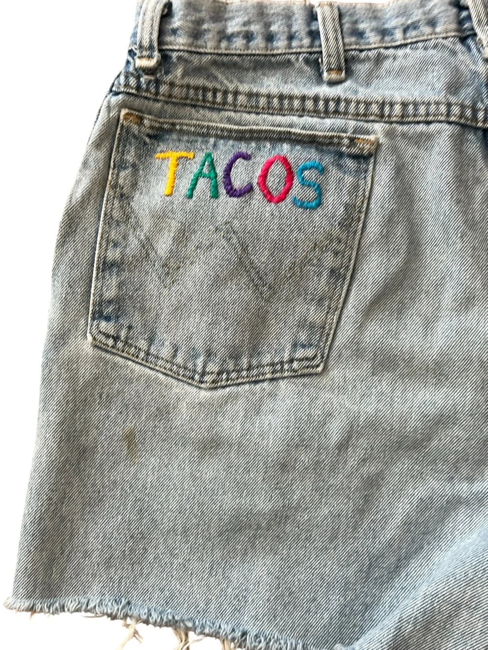 Hand embroidered grunge cut off Wrangler faded denim shorts-XL - Picture 3 of 9